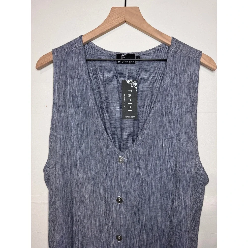 NWT Fenini Tunic Women L‎ Blue Sleeveless Button Front Tie Back Lagenlook Linen